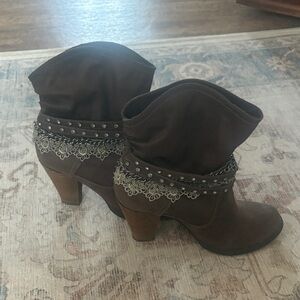 Not Rated Dark Brown Heeled Boots with Lace and Stud Details